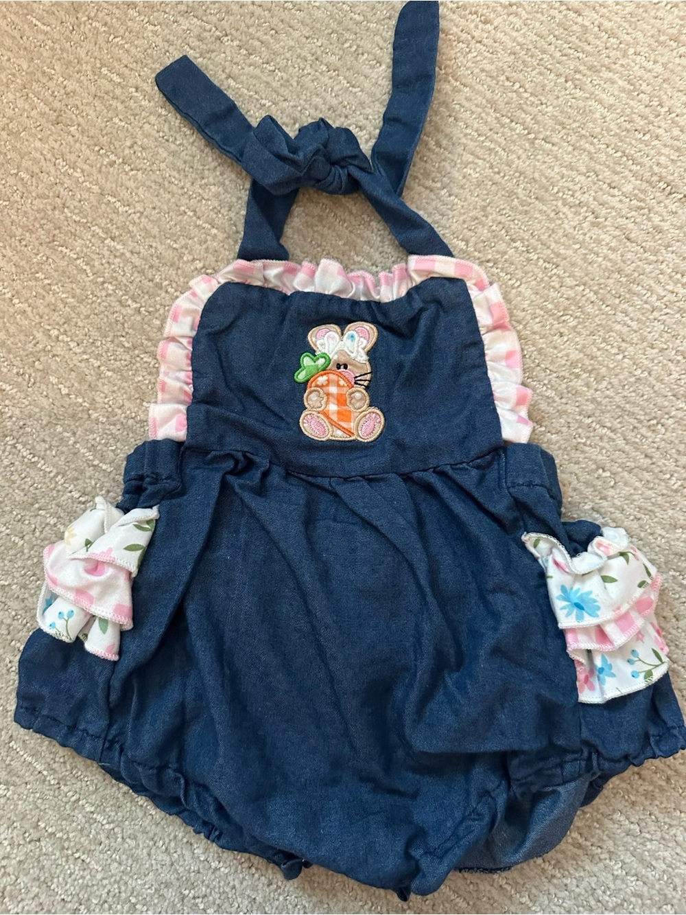 Denim Blue Bunny Appliqué Baby Girl Romper with Pink Ruffle Trim